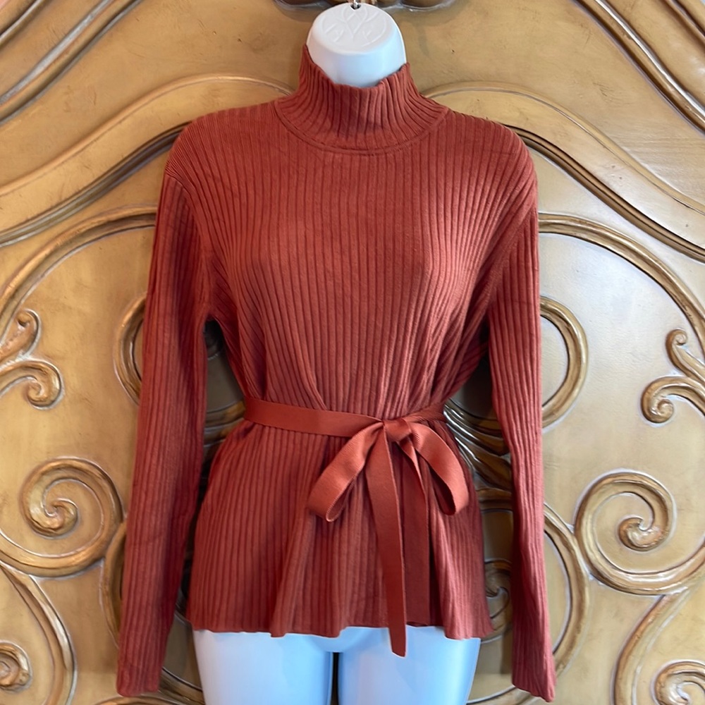 Don Caster sienna turtleneck belted sweater